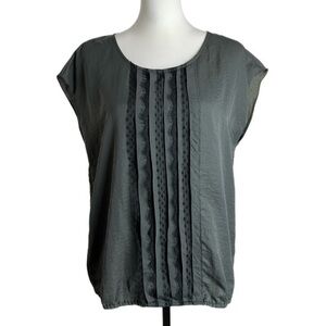 NWT Loft Faux Silk Lace‎ Pleated Elastic Hem Grey Black Blouse Size M